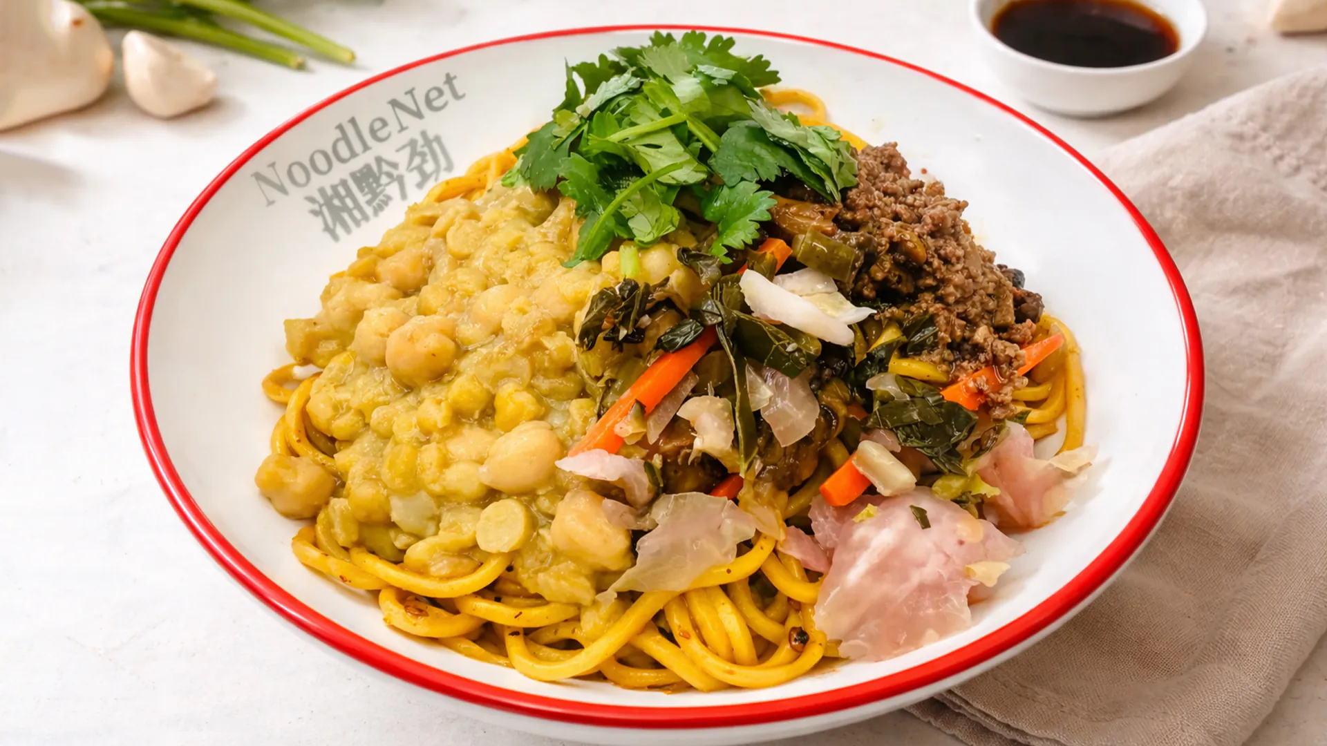 Noodles with cheese peas and minced meat at Noodle Net, a Chinese Restaurant in Milpitas